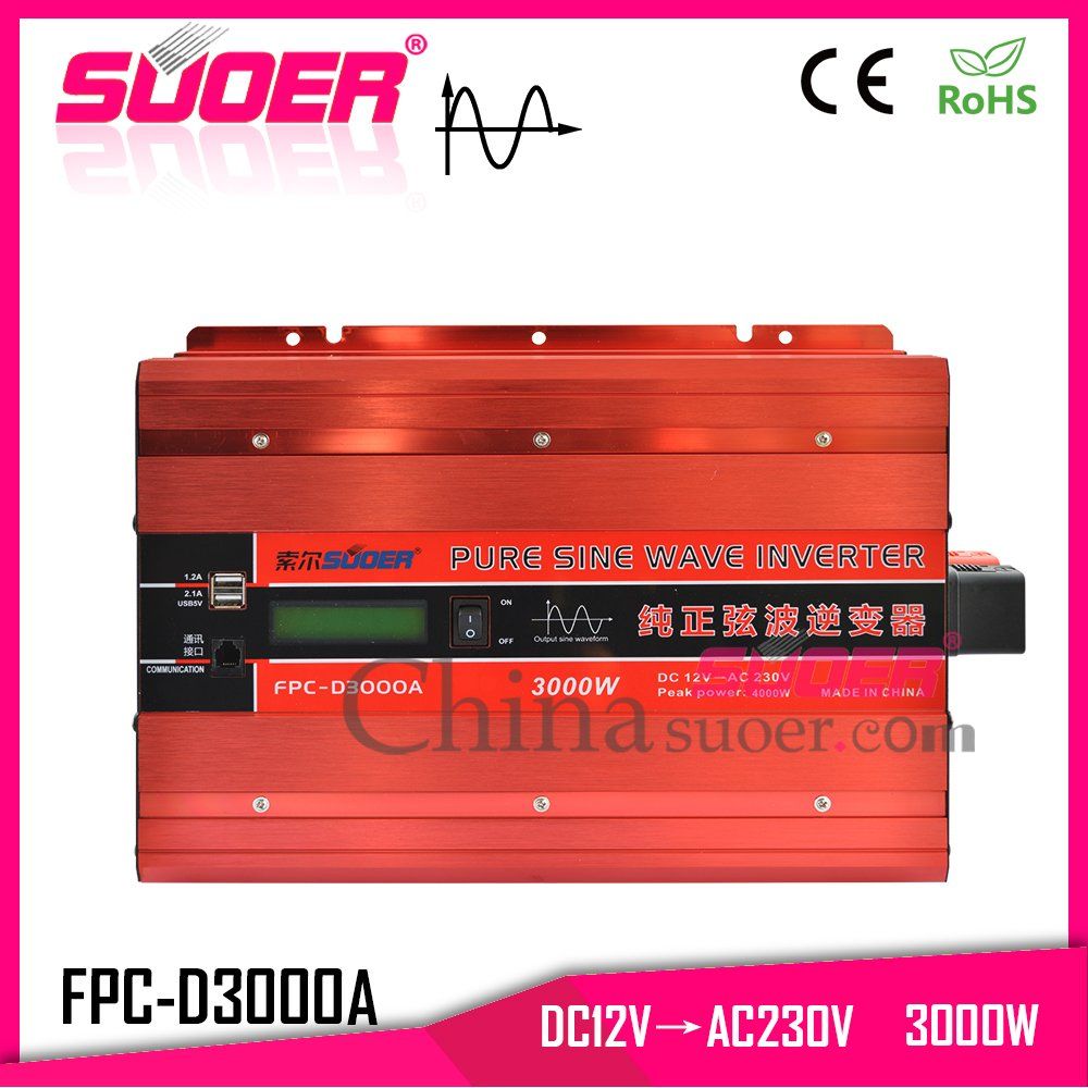 Suoer New DC 12V to AC 230V 3kw Pure Sine Wave Inverter Solar Power Inverter (FPC-D3000A)