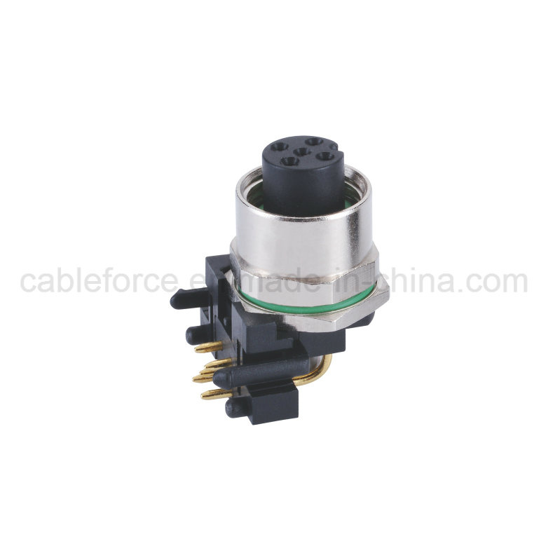 M12 5pin Female Panel Front Fastened Connector for Factory Automation with Right Angled PCB Contacts