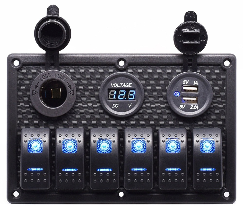 Digital Voltmeter 12V Cigarette Power Outlet Dual USB Socket Charger Adapter Waterproof 6 Gang Rocker Switch Panel for Car RV