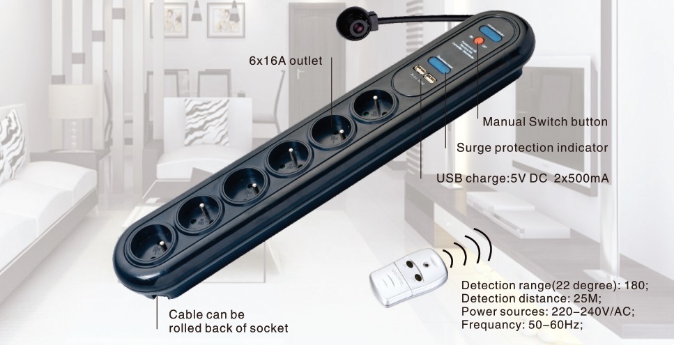 6 Outlets Power Strip, Power Socket Remote Control Function Multiple Socket (GGFPBR06)
