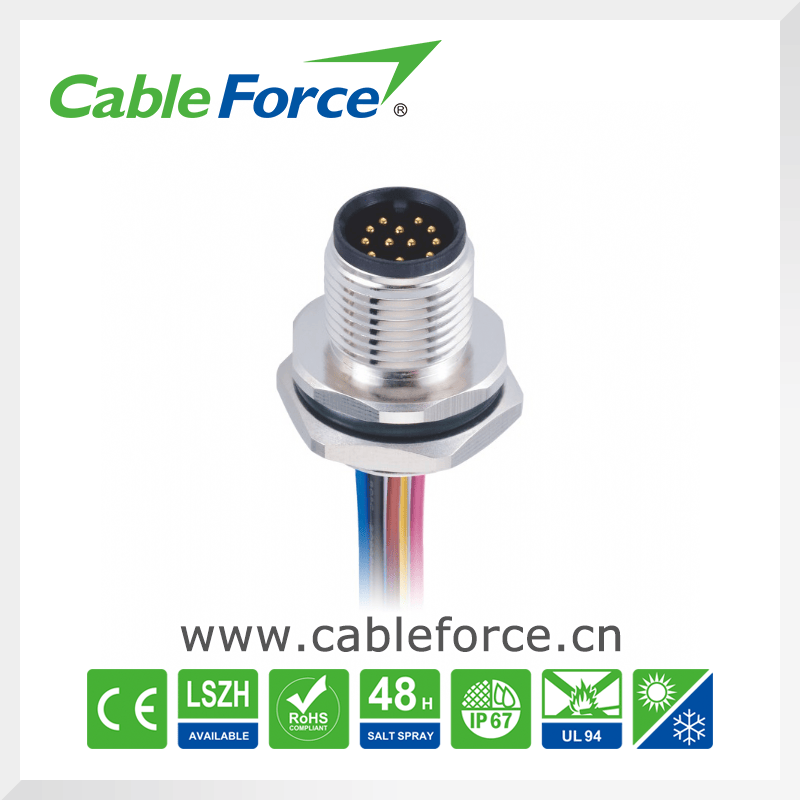 M12 Circular Connector 12pin Male Panel Mount Socket Rear Fastened Connector for Sensor with Wires