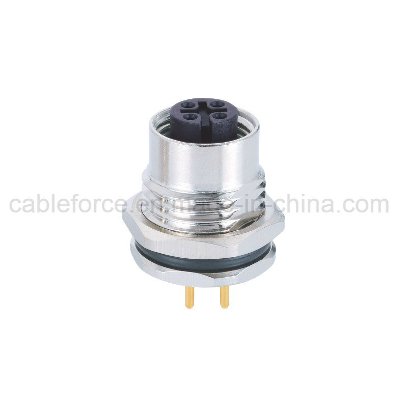 M12 4 Pin Female Panel Mount Circular Connector IP67 Rating with PCB Contacts for Sensor and Actuator