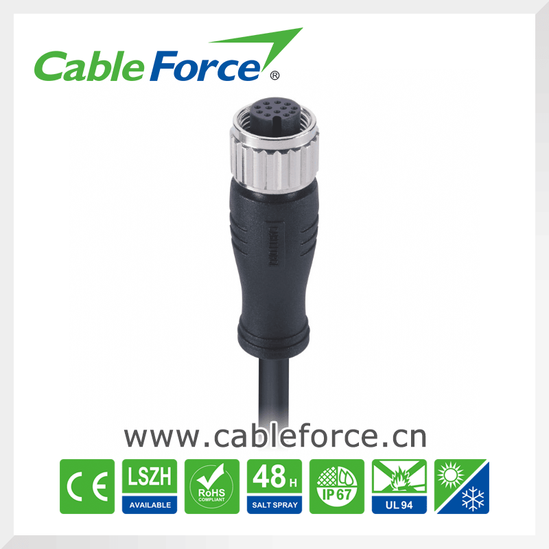 M12 12 Pin Female Shielded Straight Circular Connector with Cable Plug