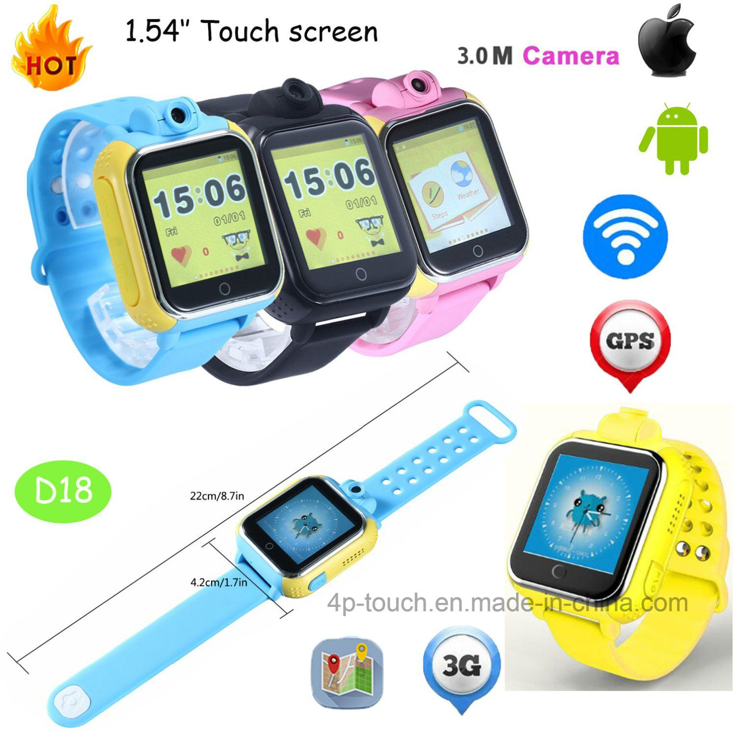 3G WiFi GPS Watch Tracker with Rotating 3.0M Camera (D18)