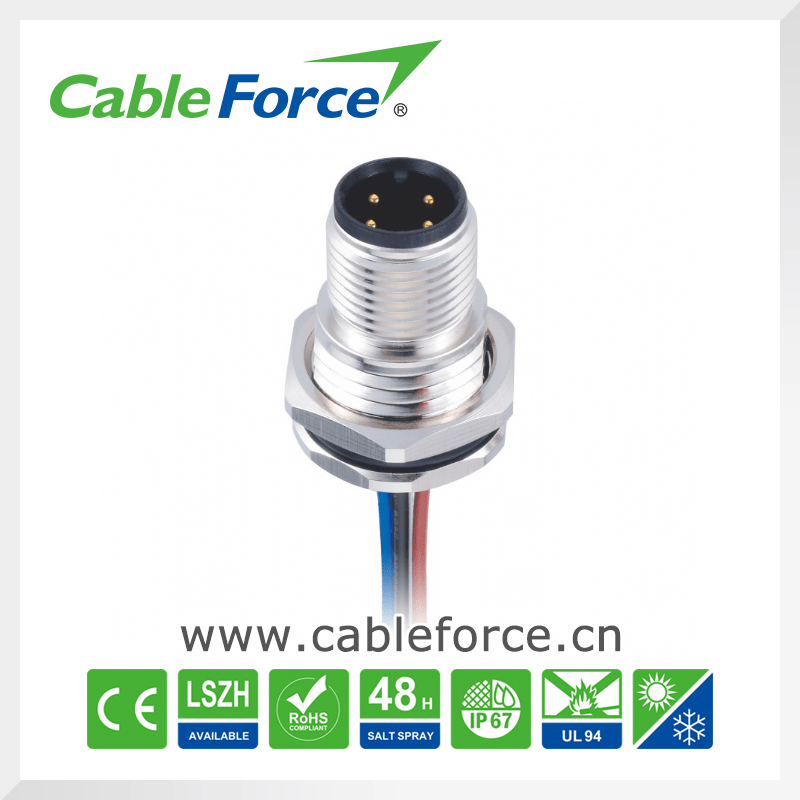 M12 4pin 4A/250V Panel Connector Front Fastened IP67 Connector for Sensor and Actuator with Wires