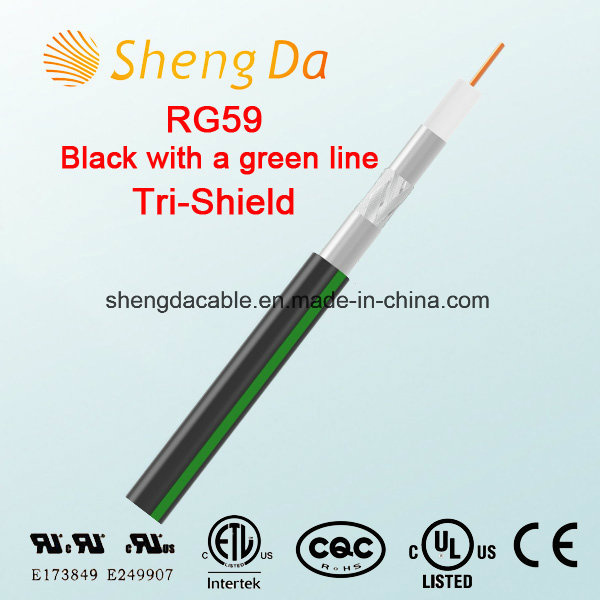 Rg59 Tri-Shield Black with a Green Line Coaxial Cable