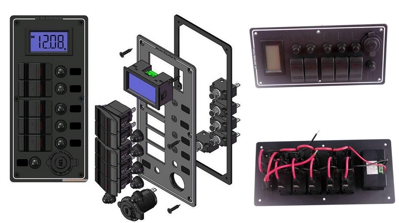 Gang Aluminium LED Rocker & LED Voltmeter Waterproof Switch Panel