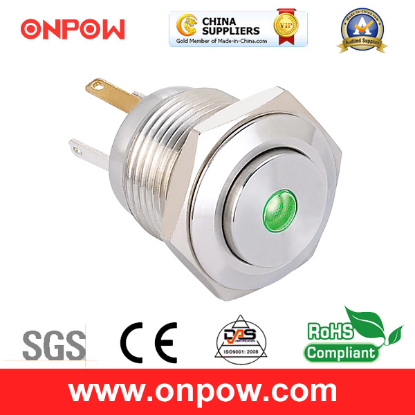 Onpow 16mm Illuminated Push Button Switch with Long Pin Terminal (GQ16H-10D/JL/R/12V/S, 16mm, CE, CCC, RoHS)