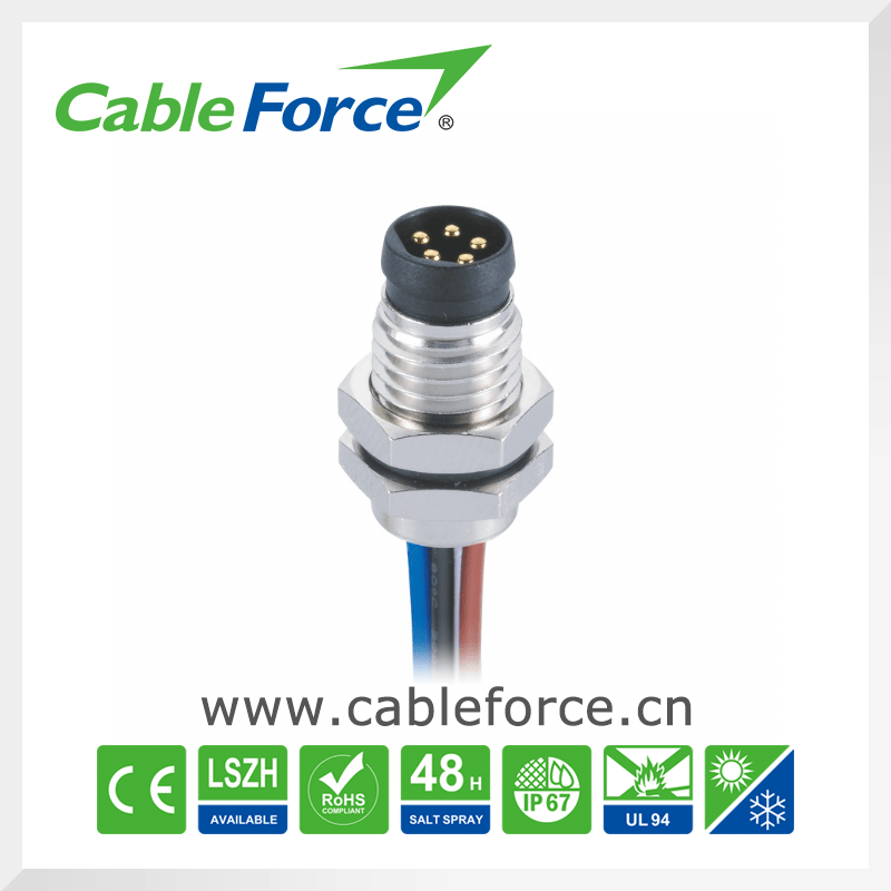M8 5pin B-Code Male Panel Mount Connector Front Fastened Circular Connector for Sensor with Wires