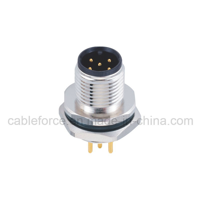 M12 5 Pin Male Panel Mount Connector for Sensor with PCB Contacts Rear Mounting