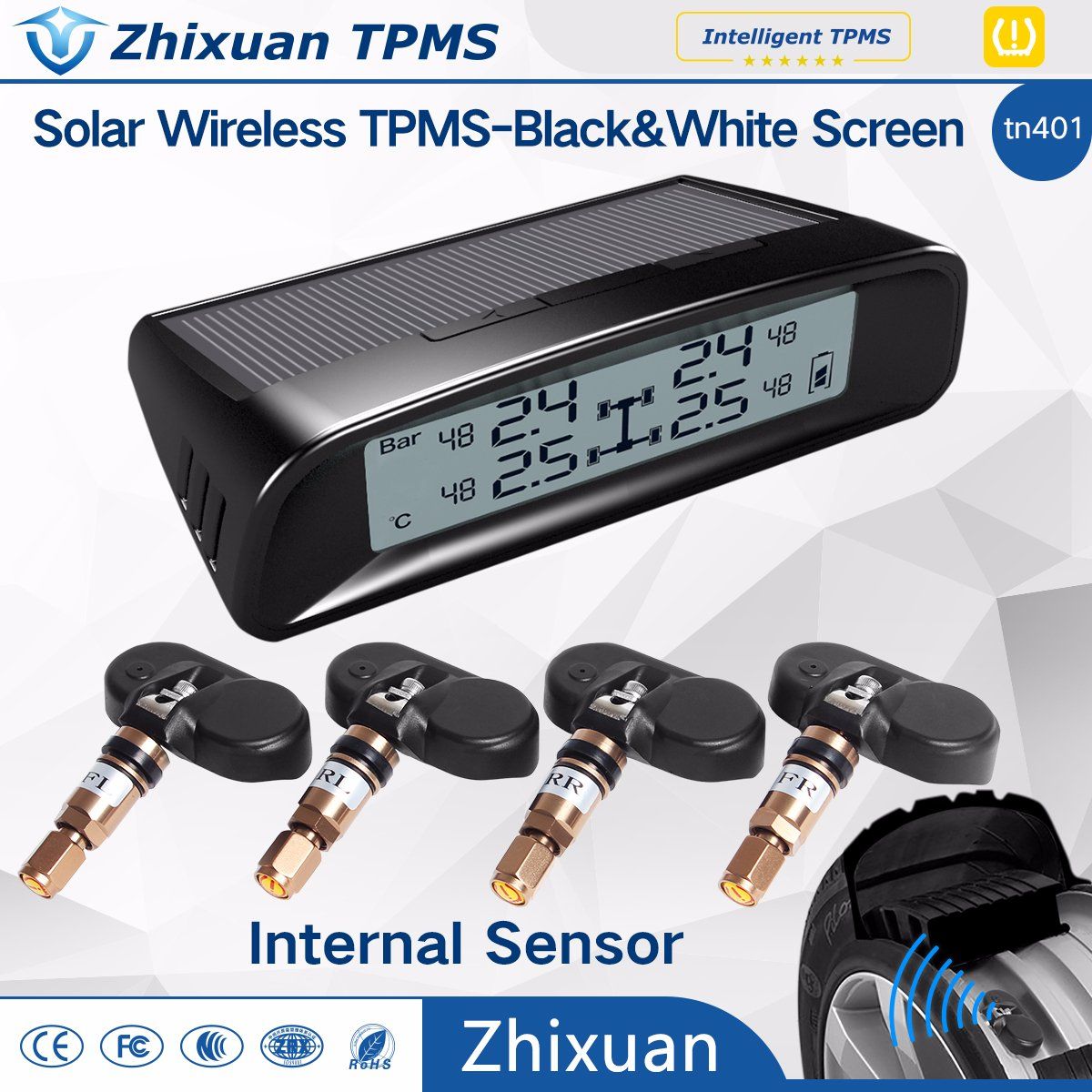 Solar Wireless TPMS Car Tire Pressure LCD Monitoring System + 4 External Sensors