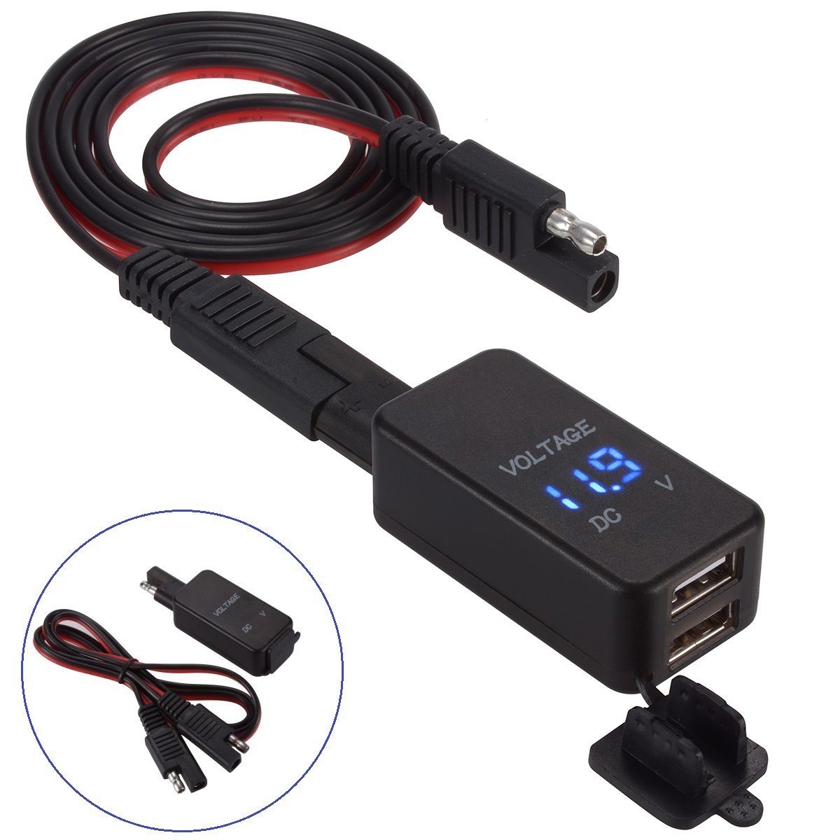 5V/3.1A Black Motorbike SAE to USB Cable Adaptor Dual USB Blue LED Voltmeter