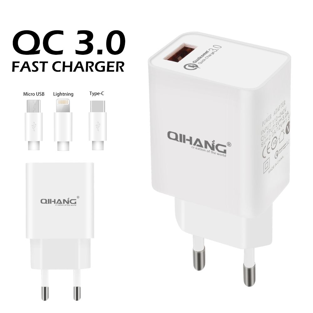 QC3.0 Phone USB Charger with Lighting USB Cable for iPhone