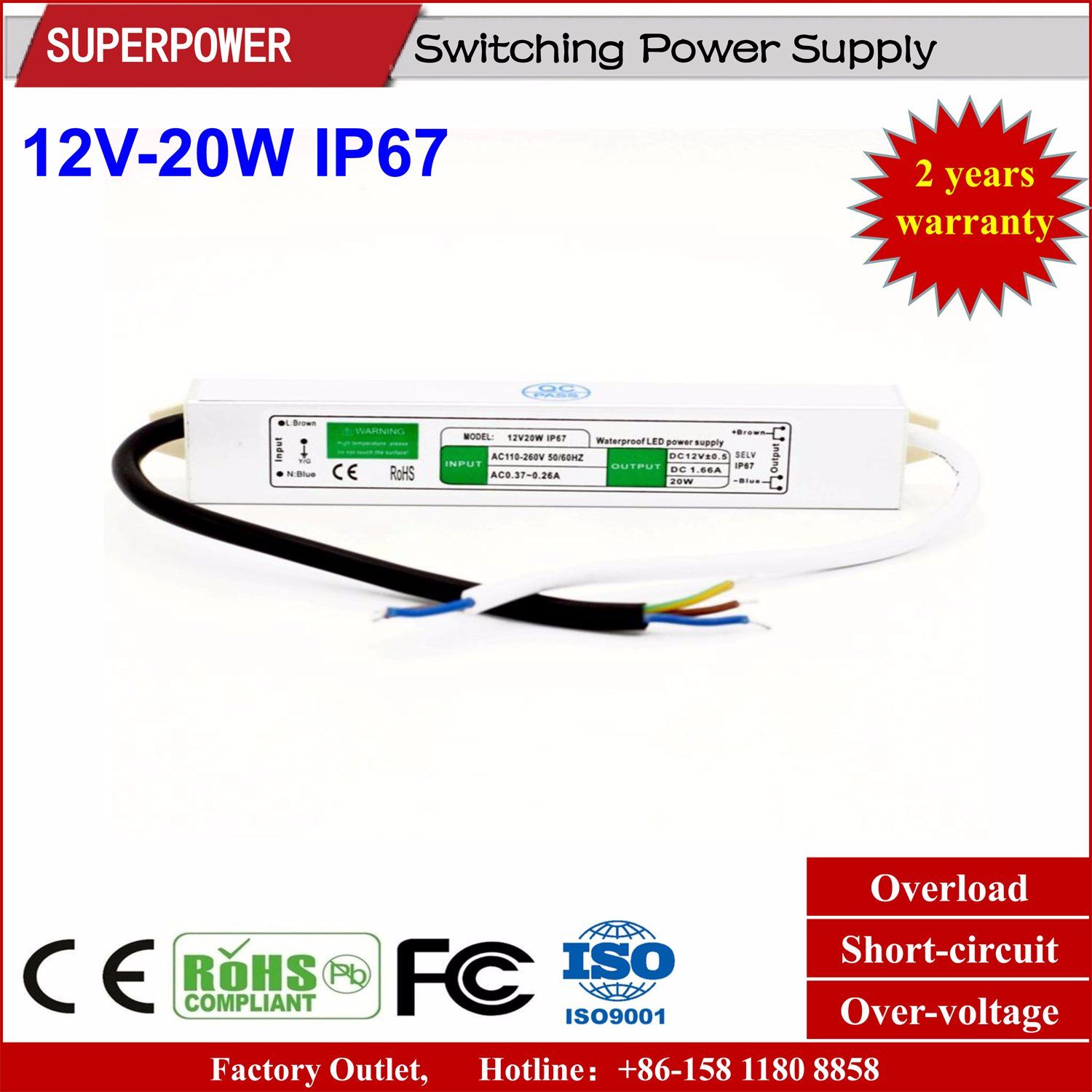 Constant Voltage 12V 20W LED Waterproof Switching Power Supply IP67