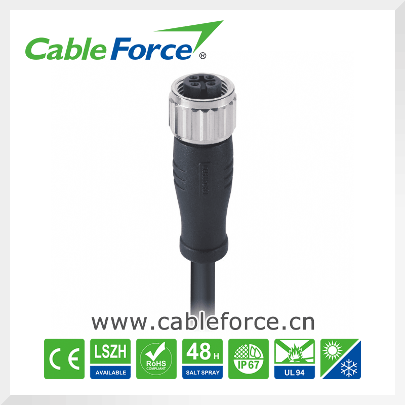 M12 4pins Female Straight Waterproof Connector Molded Cable with Plug