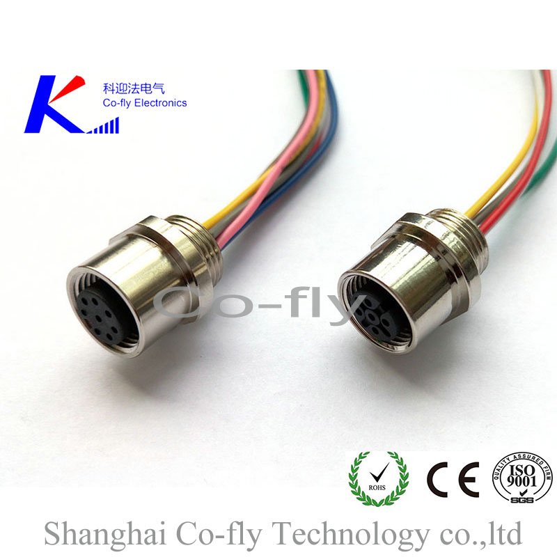 M12 Female Inductrial Circular Rear Panel Mount Connector with Pigtail