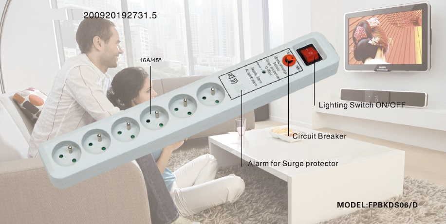 6 Outlets French Type Power Strip, Power Socket with Light Swith on/off (GGFPBKD06D)