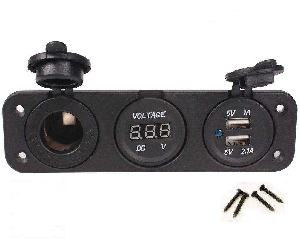 Triple 1A 2.1A Dual USB Charger + Voltmeter + Cigarette Lighter Socket Plug 12V