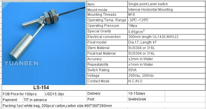 Level Switch with Single Point Matel Material