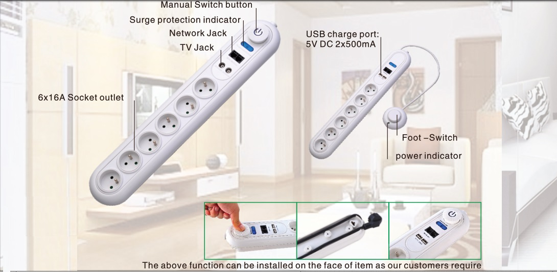 6 Outlets Power Strip, Power Socket with USB Charge, Foot-Switch (GGFPBKS06)