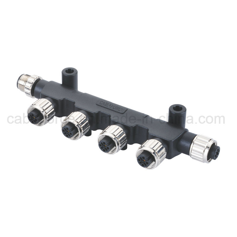 M12 5pin 4way T-Adapter, Male Split to Female*5 Waterproof T-Connector with CNC Screw