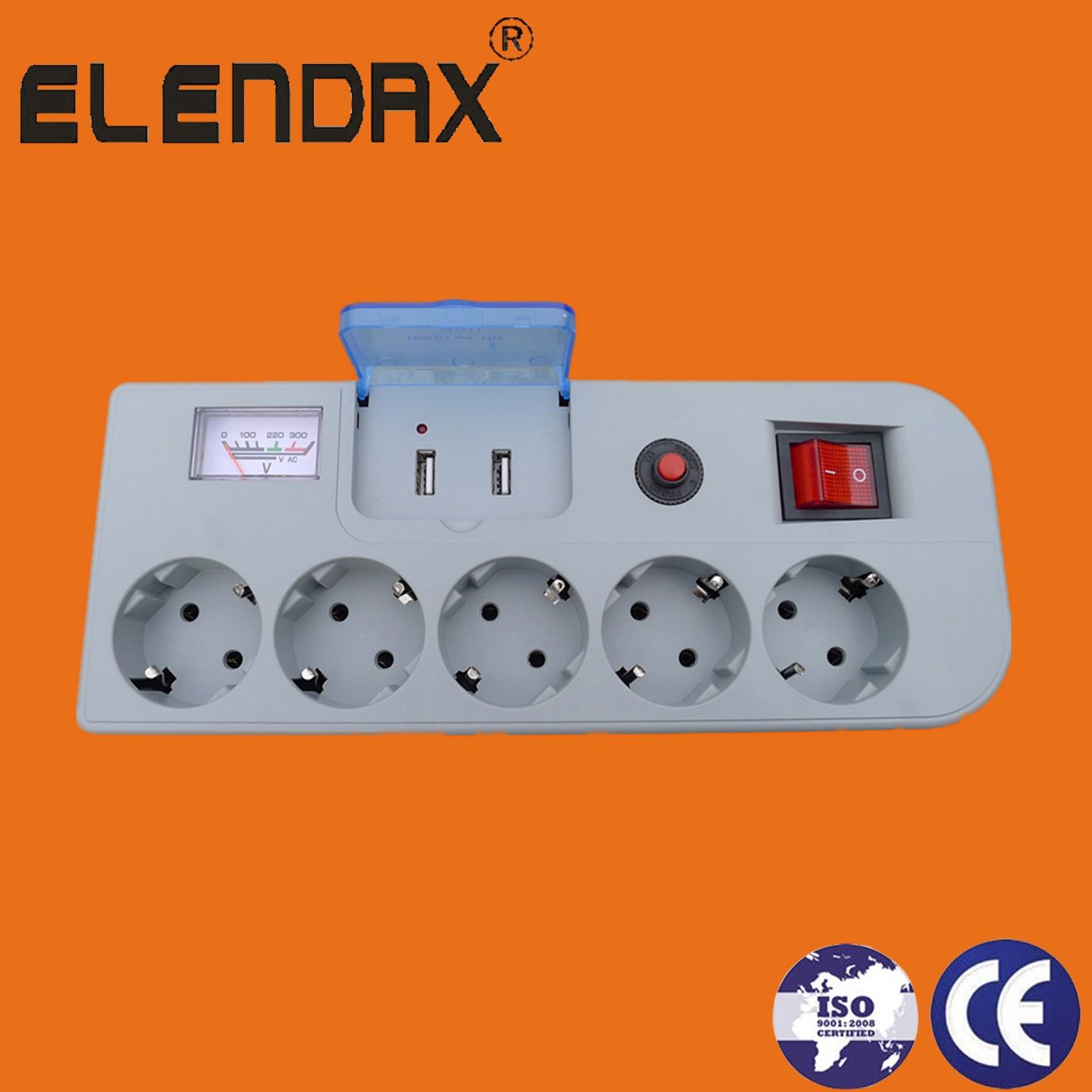 5 Way Power Extension Socket with Double USB/ Surge Protect /Child Protect/Voltage Indicat