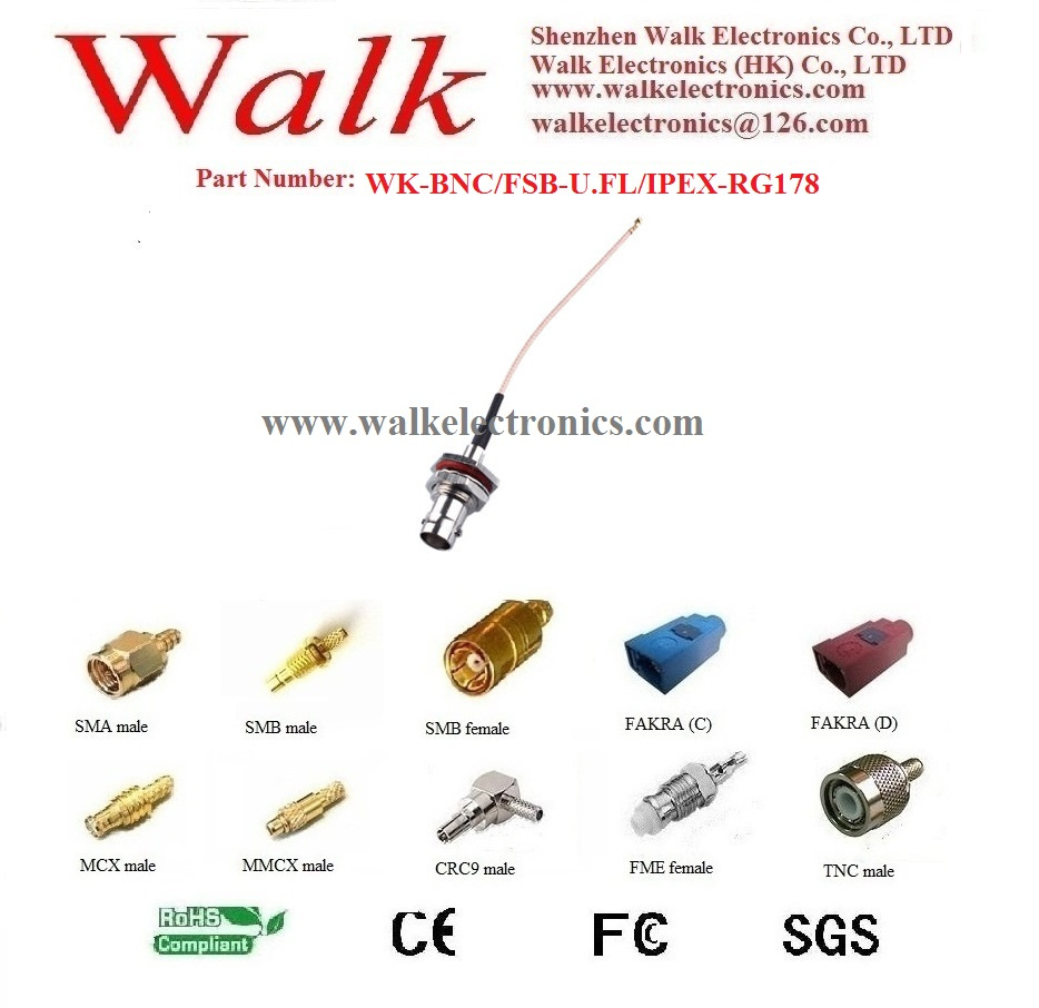 BNC Female U. FL Rg178 Cable, BNC Ipex Cable, U. FL Connector Cable