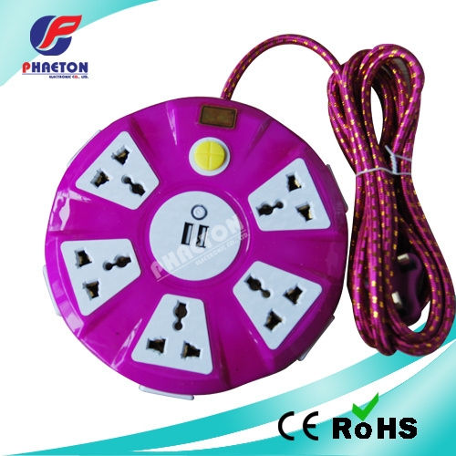 Round European 5way Extension Socket with USB 2 Ports