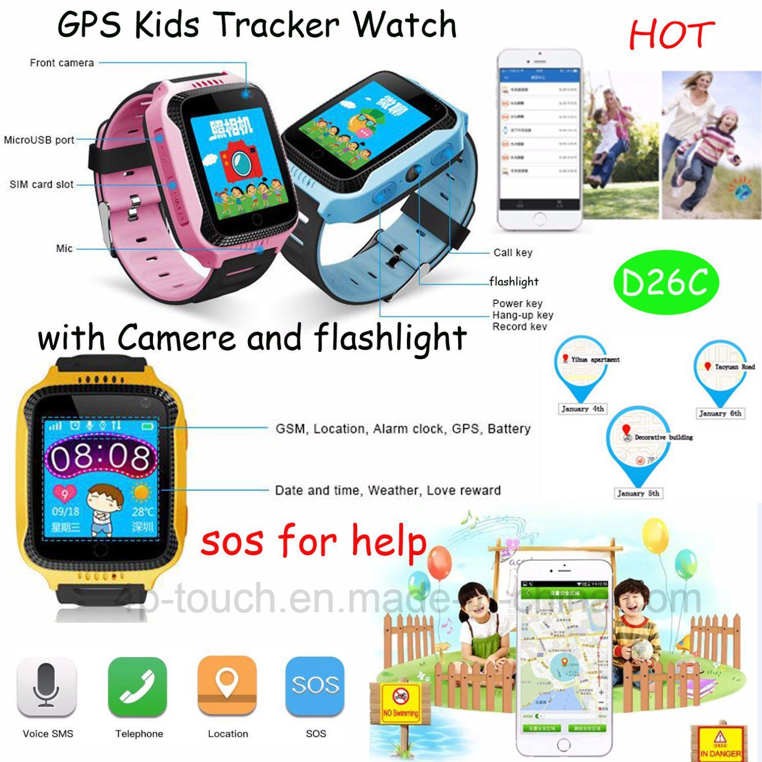 Kids GPS Tracker Watch with LED Torch and Camera (D26C)