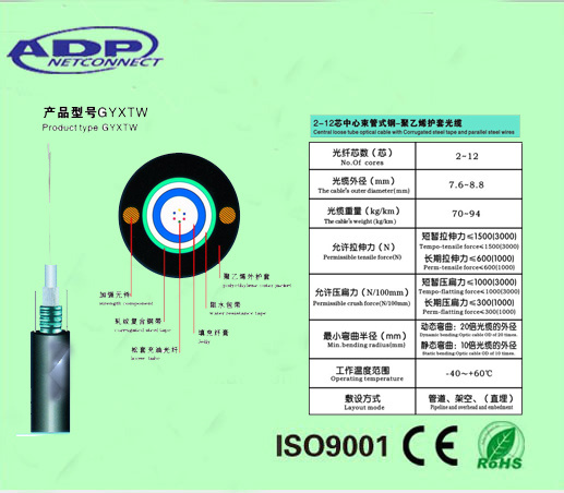 G652D Singlemode 12 Cores GYXTW Fiber Optical Cable