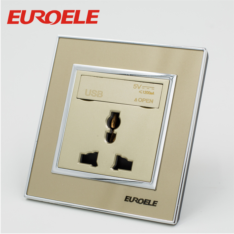 13A 250V 3 Pole Gold 86*86mm Wall Socket USB