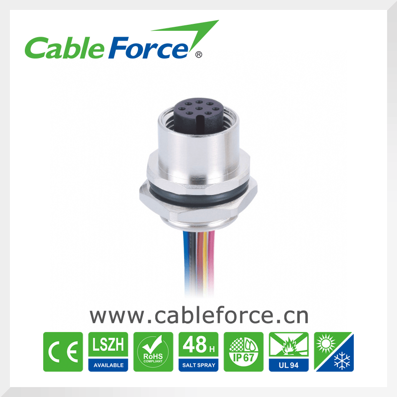 M12 8 Pin Female Circular Connector for Sensor and Actuator with Wire