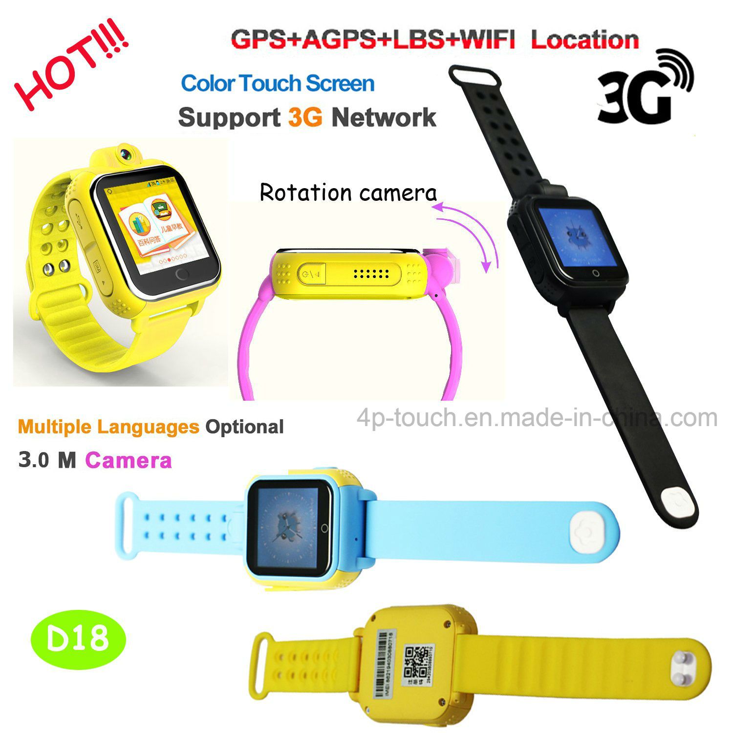 3G WiFi Touch Screen GPS Tracker Watch for Child (D18)