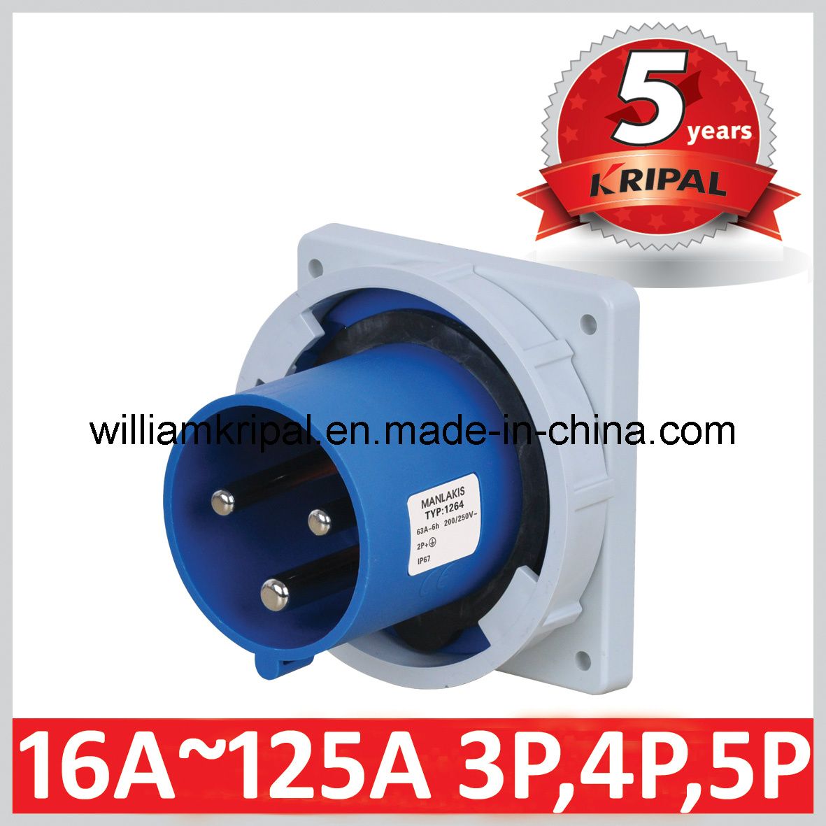 IP67 63A 2p+E Cee Single Phase Panel Mounting Inlet
