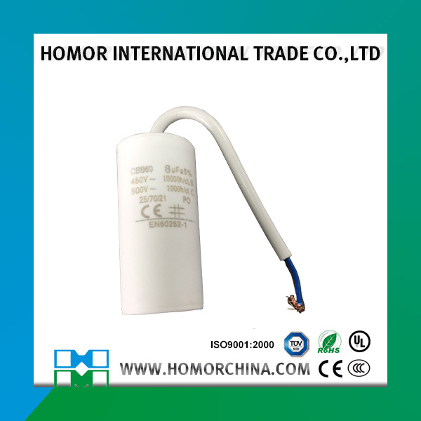 Cbb60 Series Capacitor 8UF 450V Flat Base Cable Type