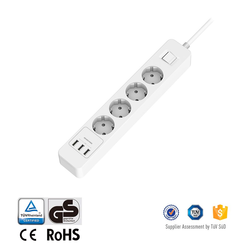 Overload Protection Universal Power Strip 4 Outlet Extension Switched Socket with Smart USB Charging Port