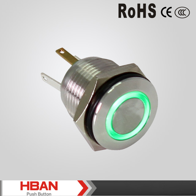 16mm Hot Sale Flat Round 1no Ring LED Light Switch, Green 12V LED Switch