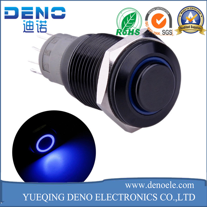 Metal Shell Latching Push Button Switch with Blue LED Ring for 16mm Hole