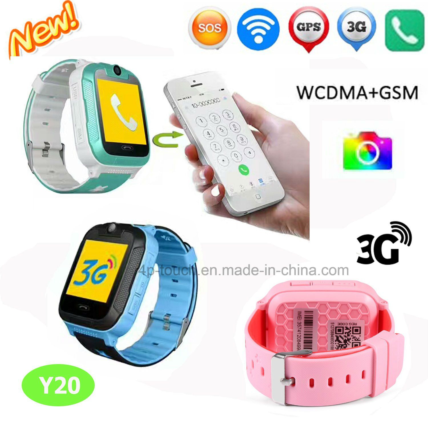 3G WCDMA WiFi Kids GPS Tracker Watch with Camera (Y20)