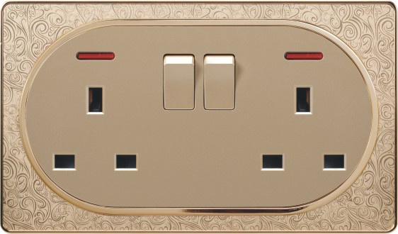 Pattern Design Metal Surface Double 13A Square-Pinned Wall Socket and Two Gang Wall Switch