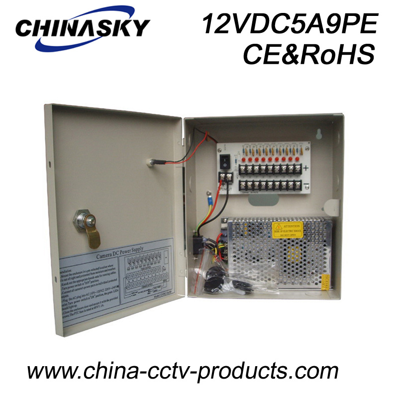12VDC 5AMP 9channels CCTV Power Distribution Box with Lock&LED (12VDC5A9PE)