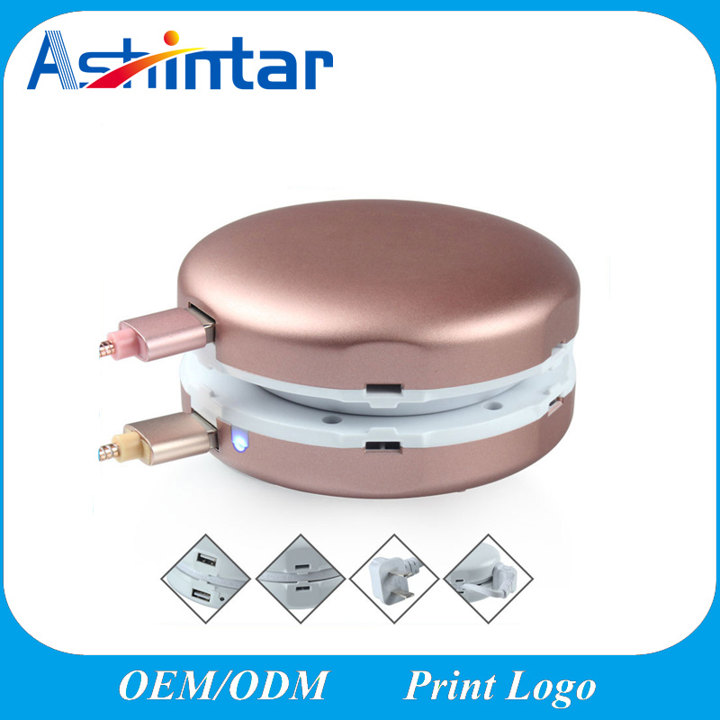 New Unique Round Box Retractable Cable Two USB Charger Extension Socket