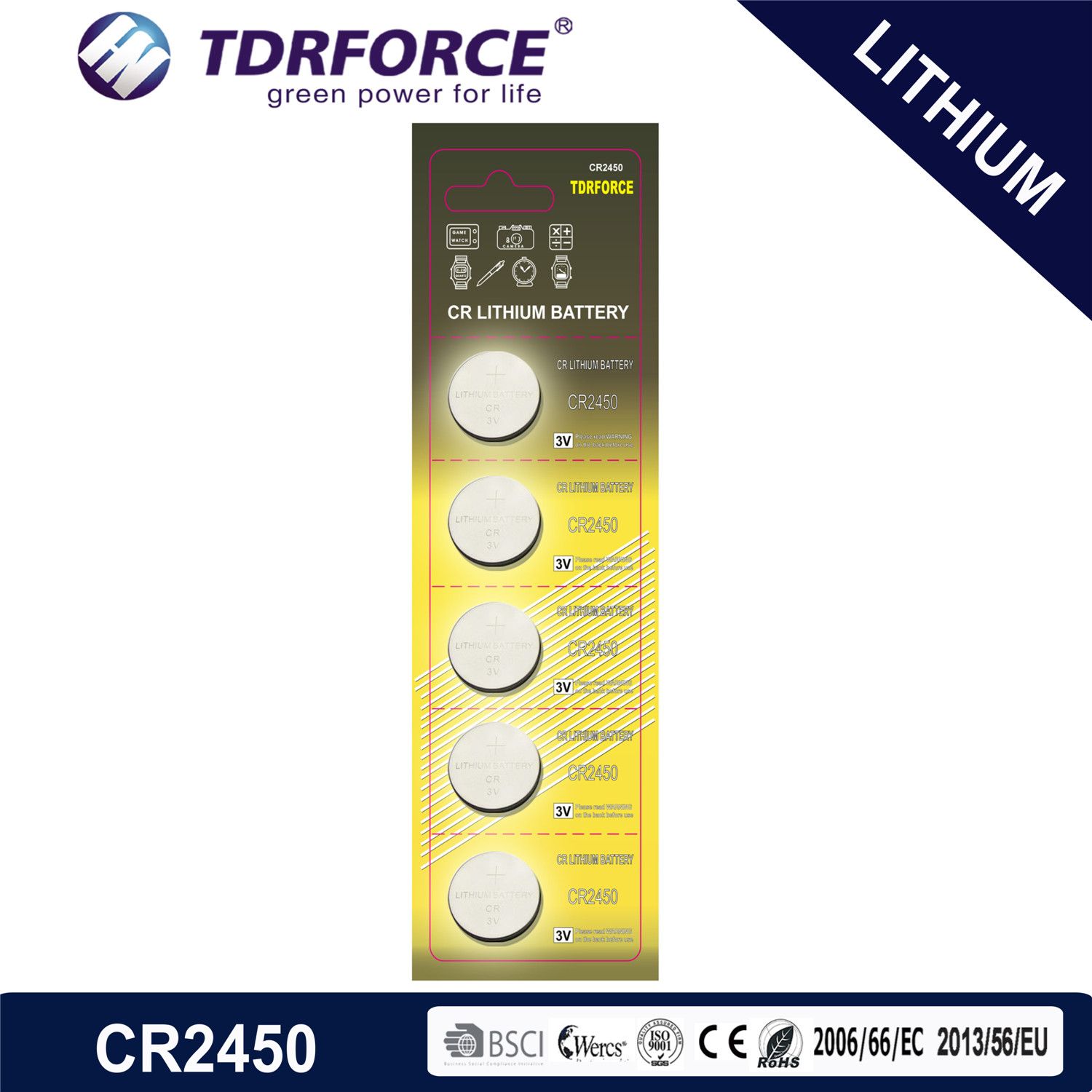 3V CR2450 Non-Rechargeable Button Cell Lithium Battery with Ce for Toy