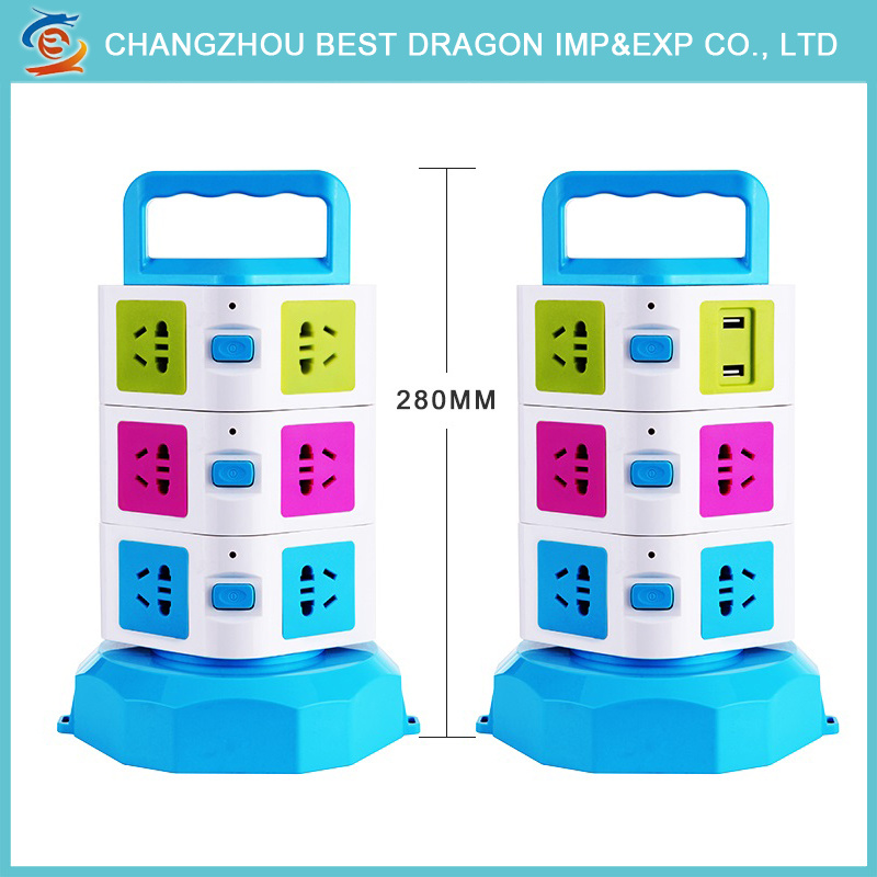 Three Layer 1.8m 8 Ways Color Electric Rotating Tower Vertical Power Strip with USB Port