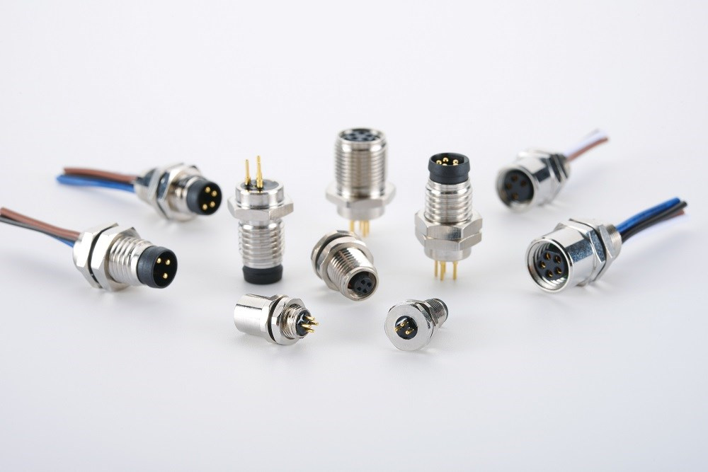 M12 5 Pins Male Panel Mount Connector for Factory Automation with PCB Contacts