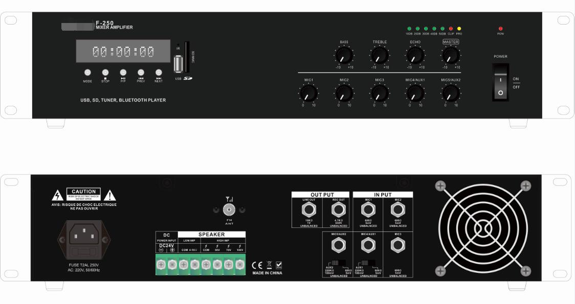 F-250 Series PA Mixer Amplifier with USB, SD, FM, Bluetooth