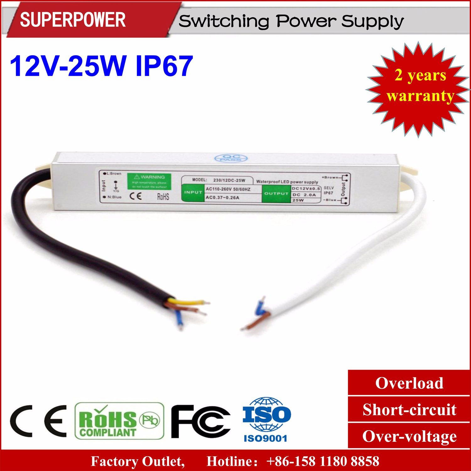 Constant Voltage 12V 25W LED Waterproof Switching Power Supply IP67