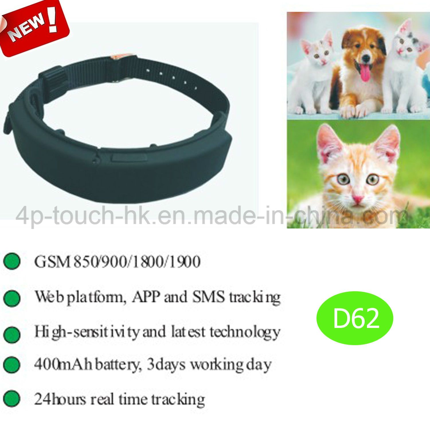 Hot Pet Portable GPS Tracker with Geo-Fence and Multifunction D62