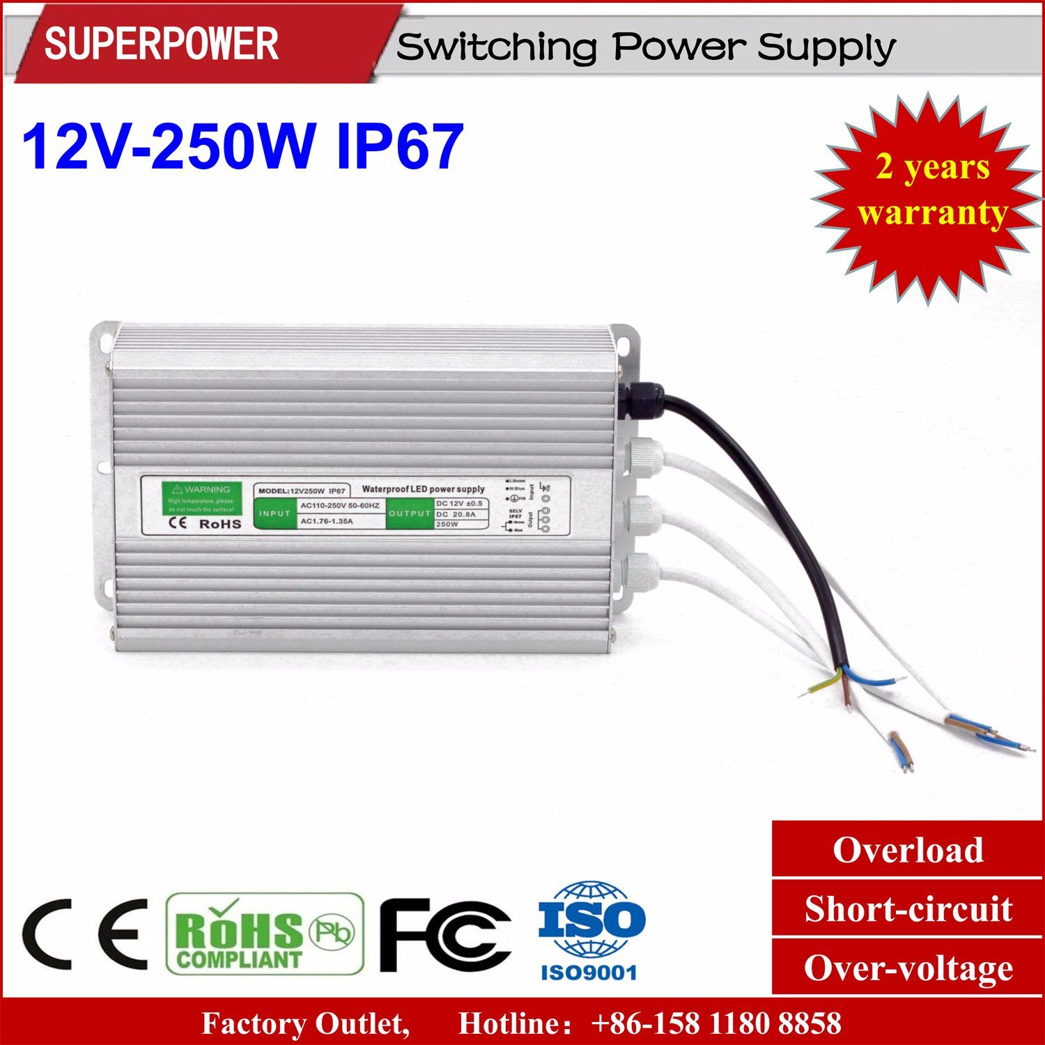 Constant Voltage 12V 250W LED Waterproof Switching Power Supply IP67