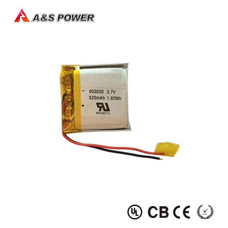 UL 603030 Small Rechargeable 3.7V 520mAh Lithium Polymer Battery for Bluetooth Headphone